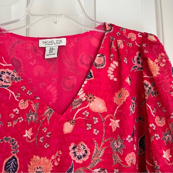 Rachel Zoe Pink Navy Blue Floral Lined Blouse Gathered Puff 3/4 Sleeves Size M - Picture 2 of 14